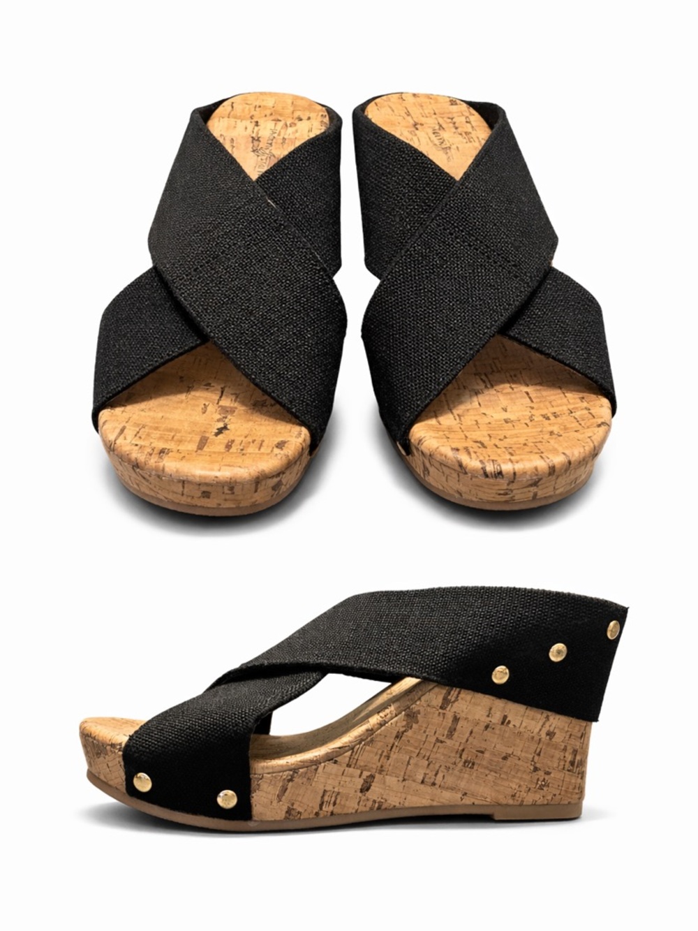 🖤 Jaclyn Smith Black Cork Wedge Sandals Criss Cross Canvas Size 8.5